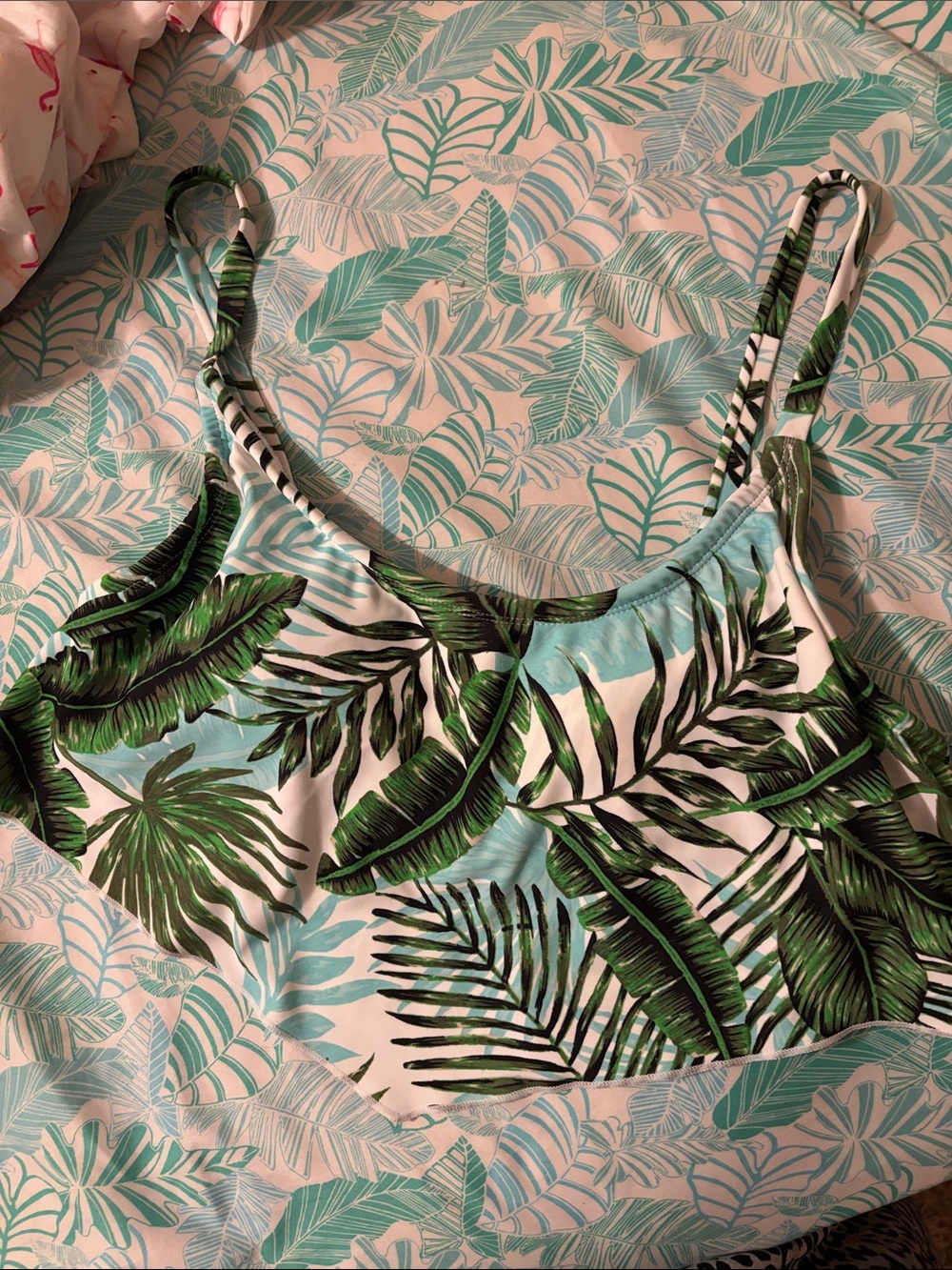 BCBG Green and White Tropical Leaf Bikini Top
